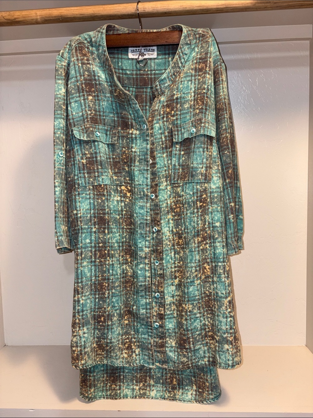 Crazy Train Teal and Brown Plaid Button-Front Tunic
